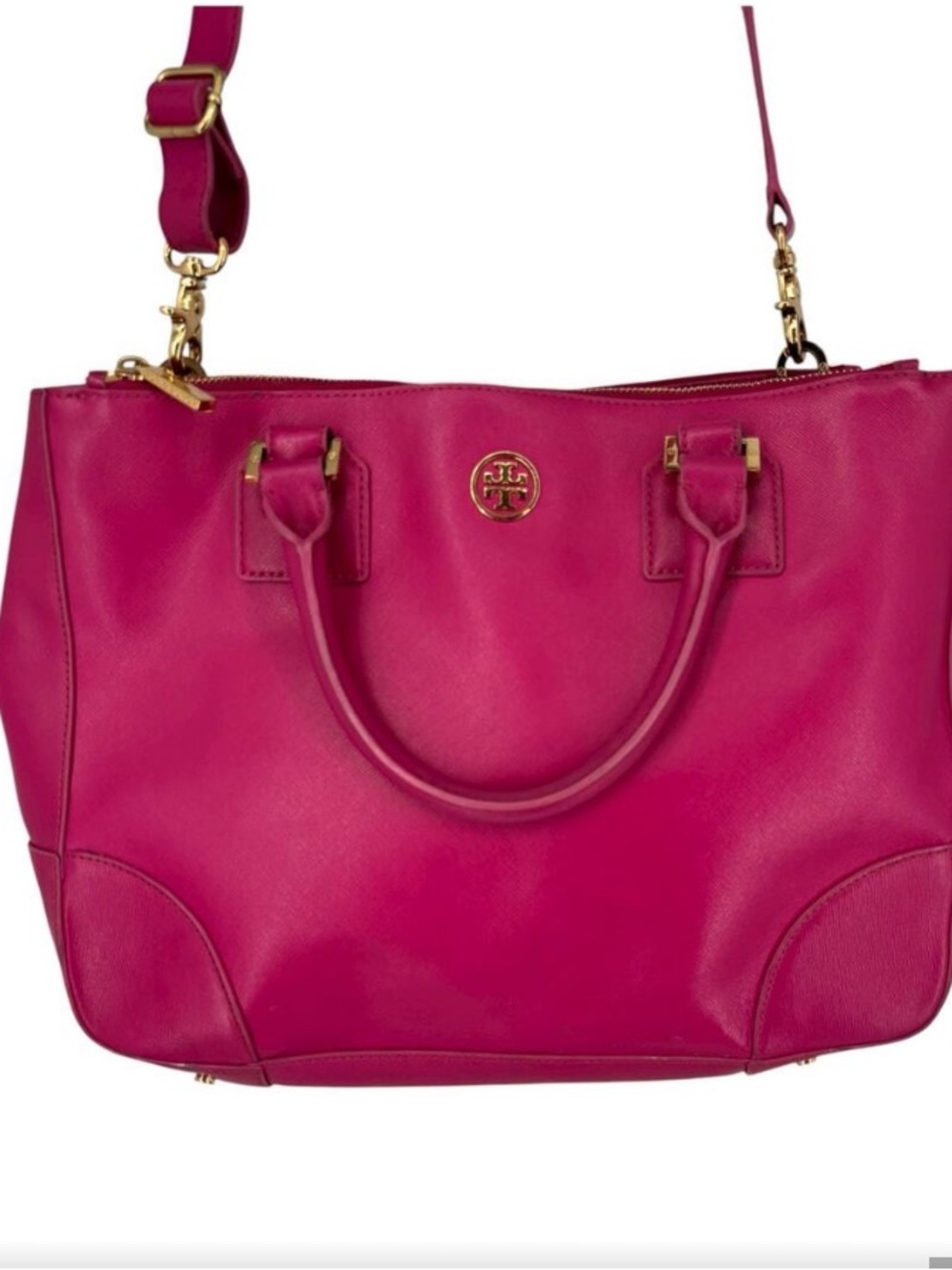 Tory Burch Fuchsia Leather Tote with Gold Hardware in good used condition